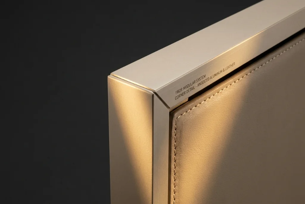 1W2R modular system corner detail — anodized aluminum and leather residential divider