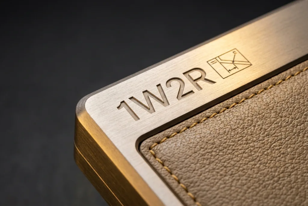 1W2R engraved brass logo — freestanding flex wall NYC beats pressurized