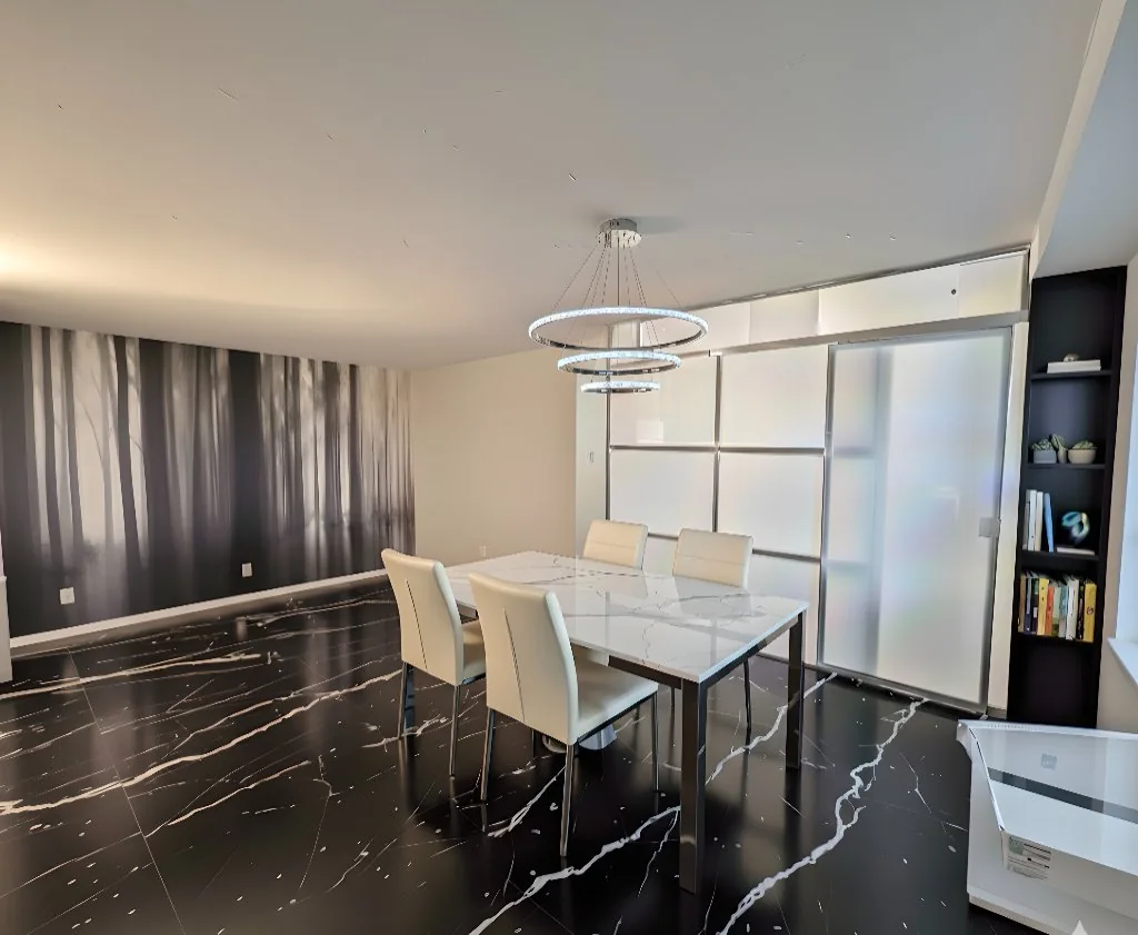 Luxury NYC dining room with marble flooring and 1W2R frosted glass freestanding partition wall divider