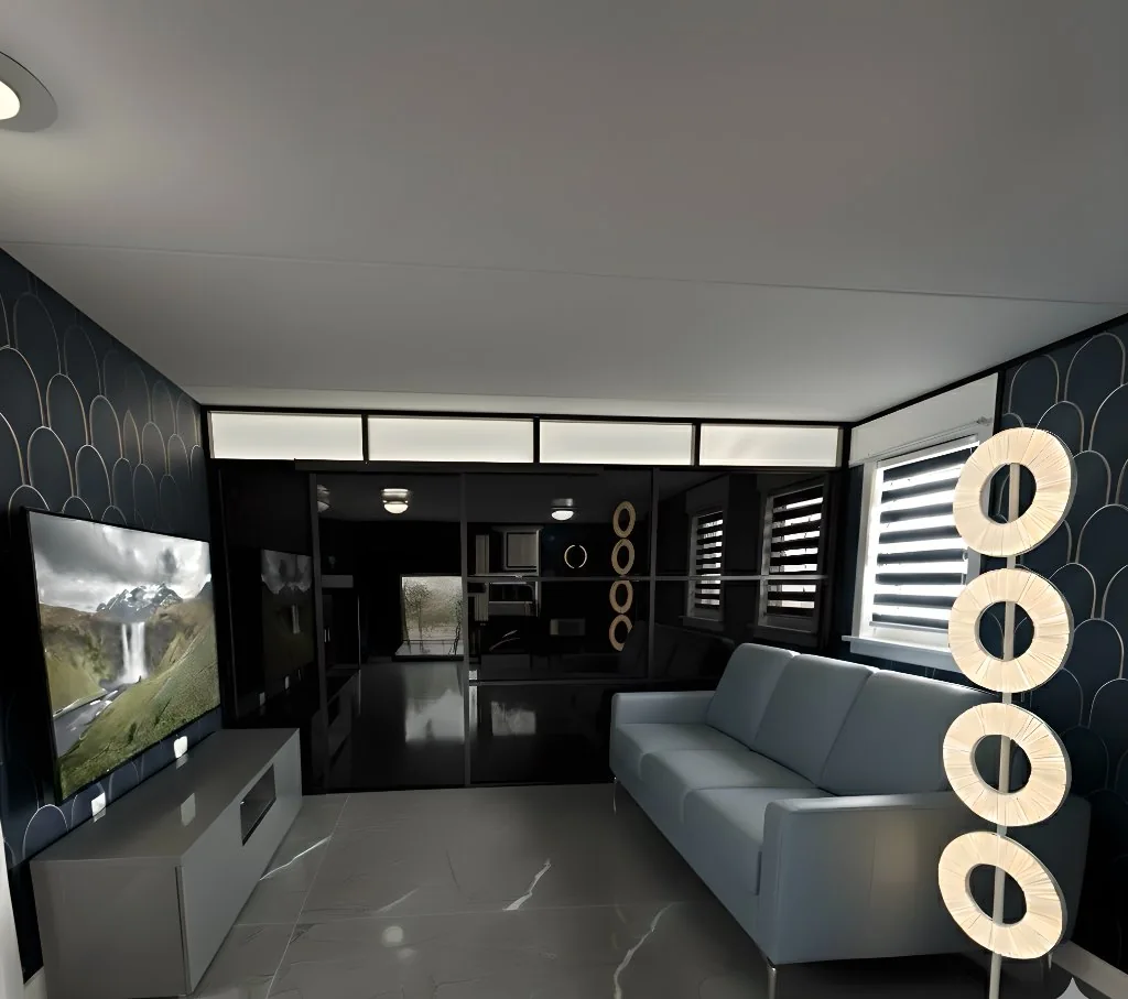 Dark luxury NYC studio apartment with 1W2R black-frame freestanding glass wall divider creating a private sleeping area