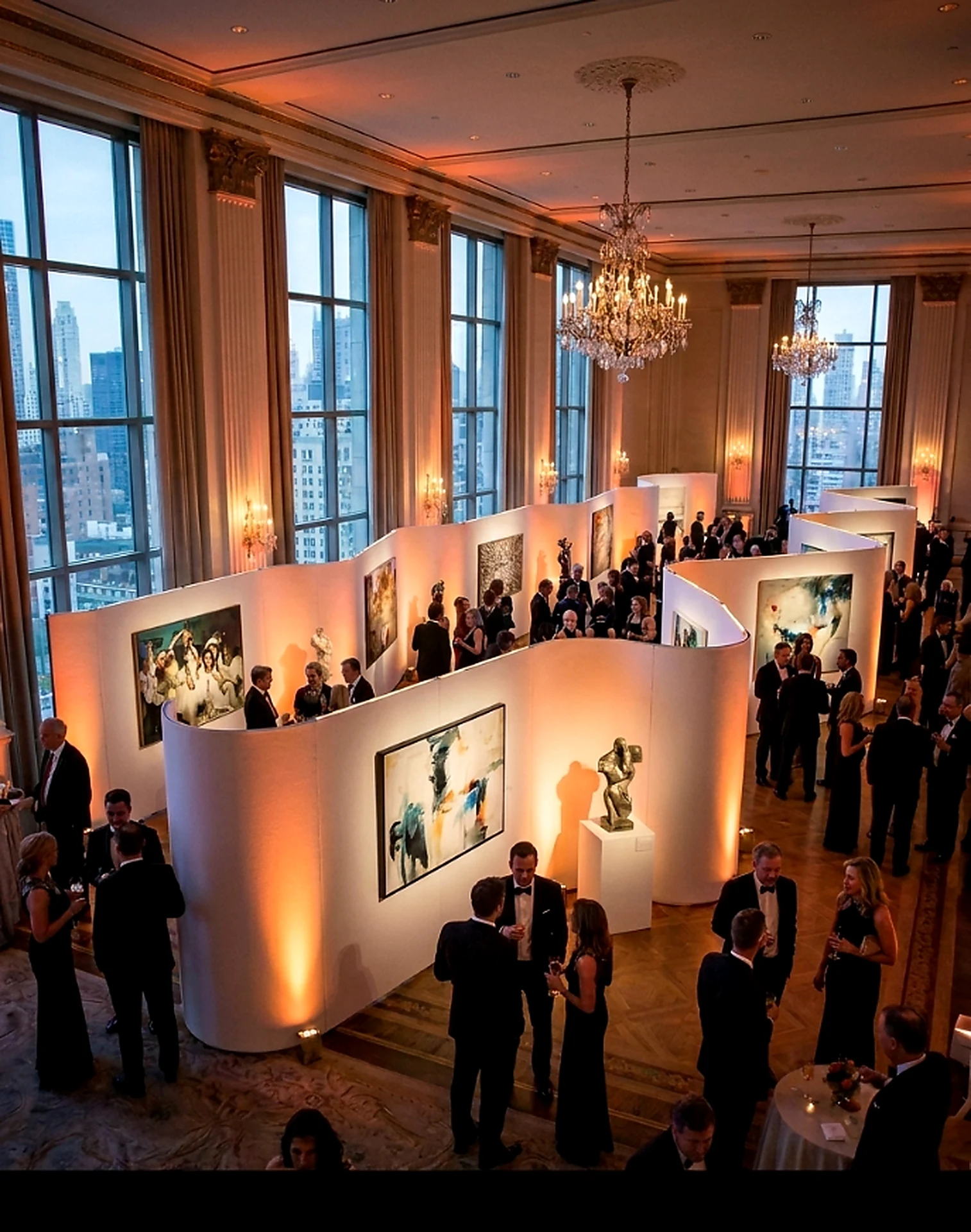 Freestanding event walls curving through a gallery gala in NYC