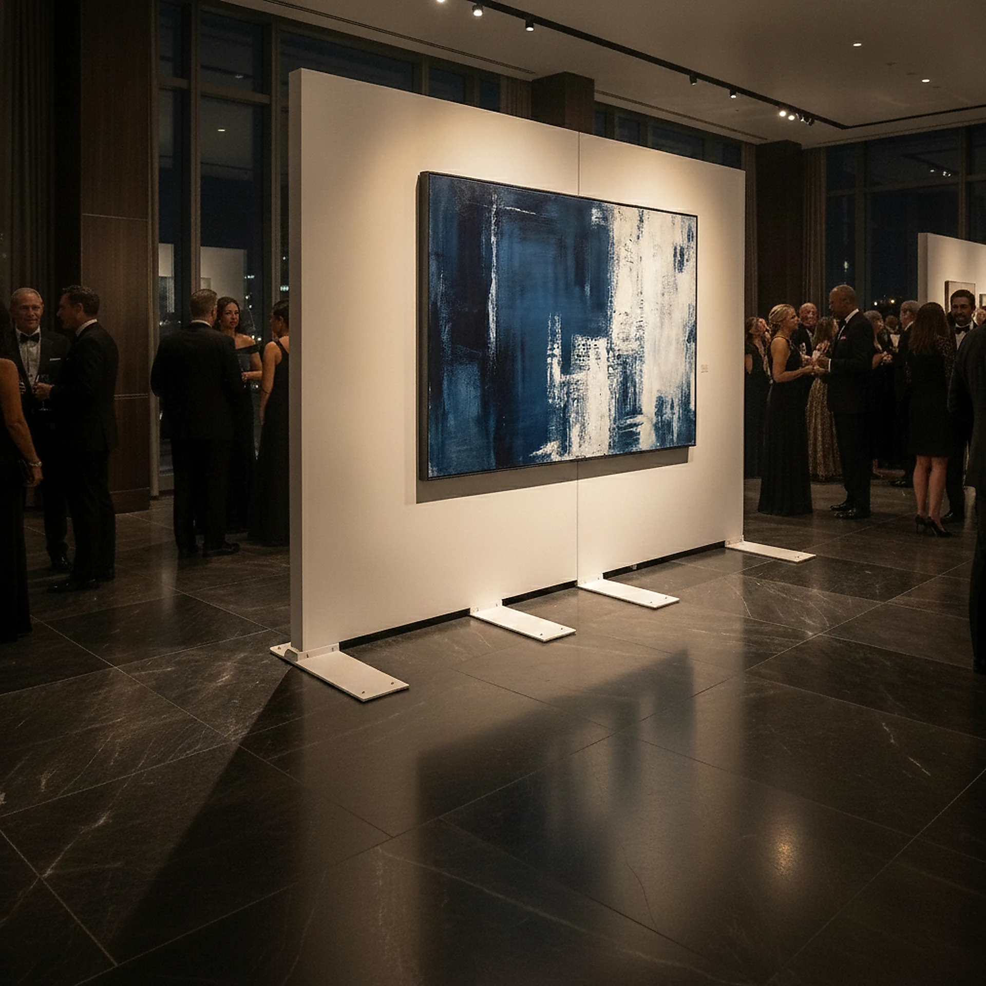 Freestanding event walls as an art display at a black-tie gala