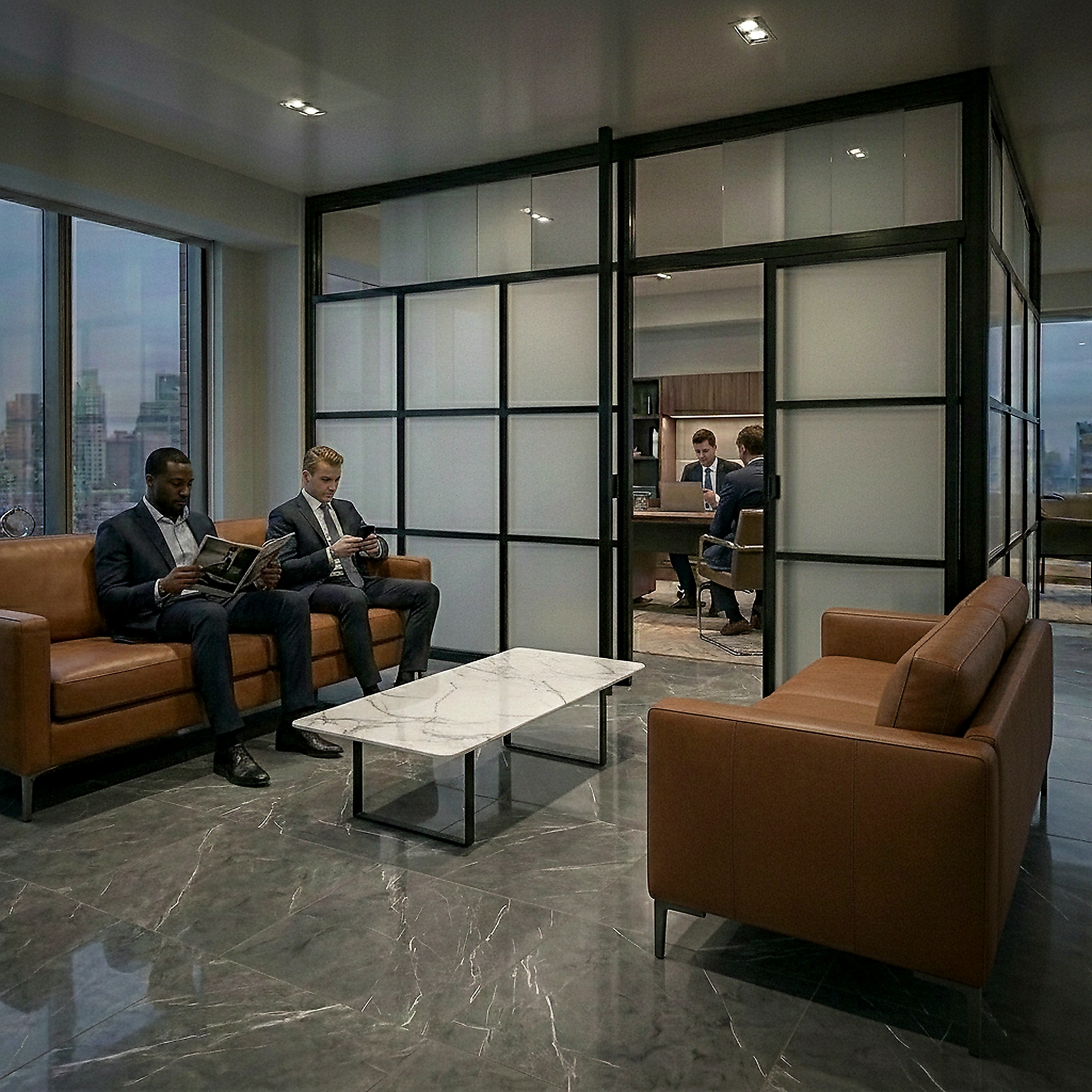 Freestanding office partition carving a private office out of an open-plan NYC workspace, no construction