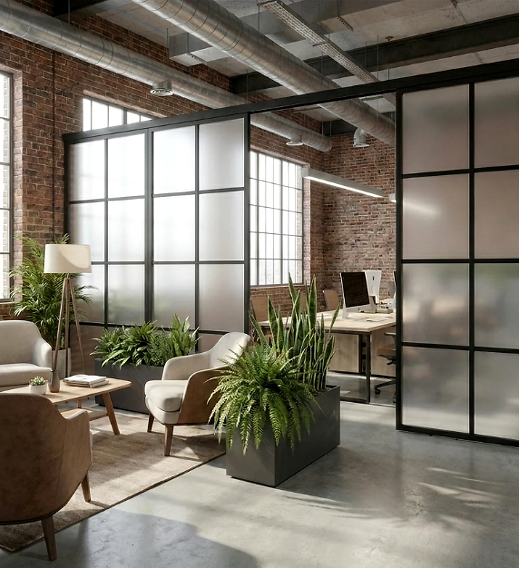 Demountable office partition wall dividing a NYC loft office