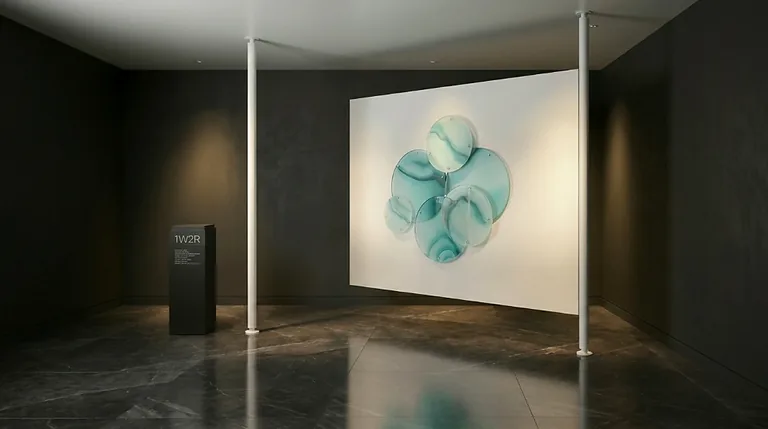 Pivoting display wall in a dark gallery: a white panel on two floor-to-ceiling poles holding glass art on magnets