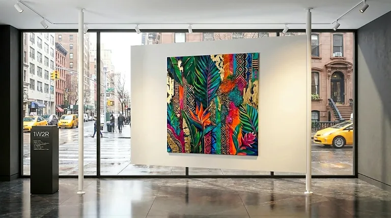Pivoting display wall inside an NYC storefront, swung toward the street with a large painting facing the window