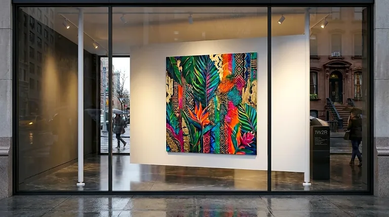 Pivoting display wall seen from the sidewalk through a storefront window, painting facing the glass