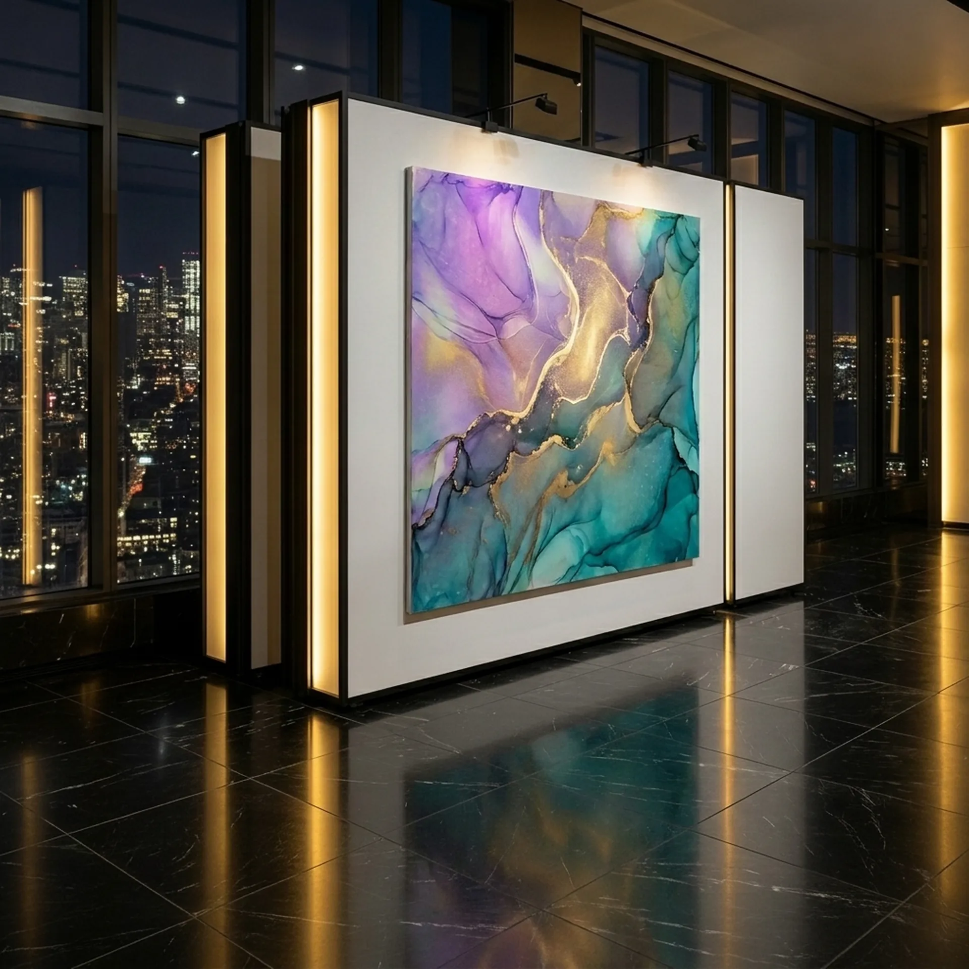 Portable partition wall with a purple and teal fluid-art panel