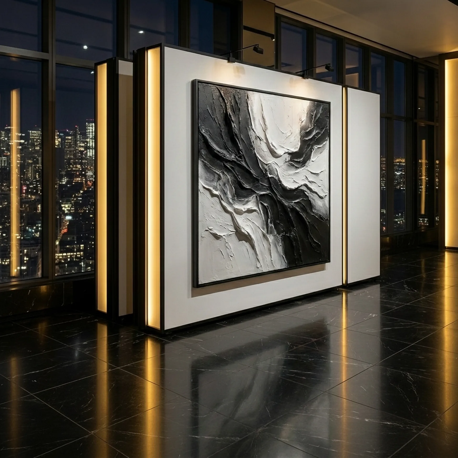 Portable partition wall with a black and white textured art panel