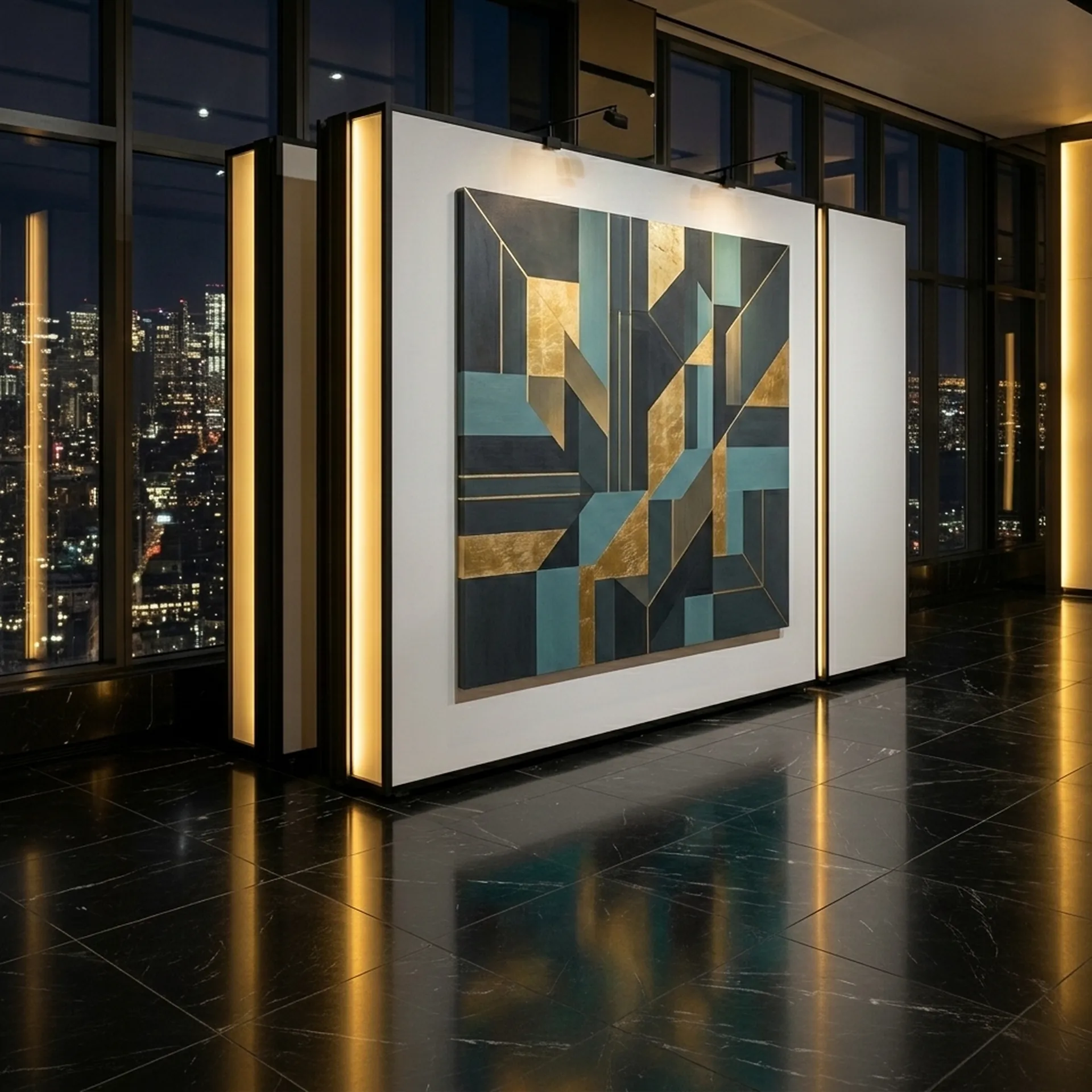 Portable partition wall with a geometric gold art panel