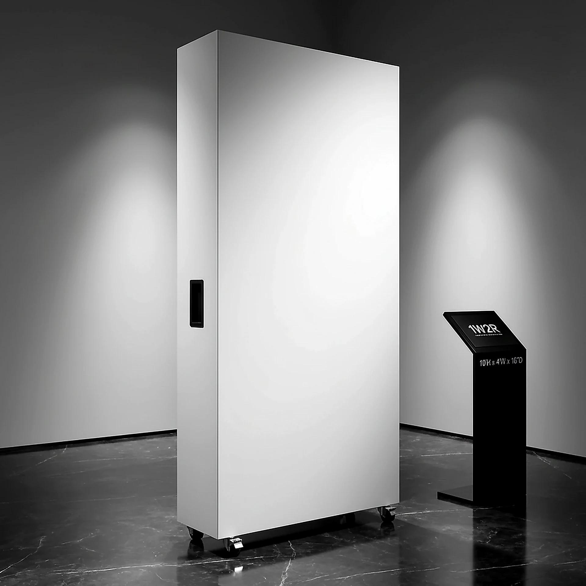 1W2R Mobile Quad-Wall on Wheels at full height, revealing the entire freestanding wall in a gallery