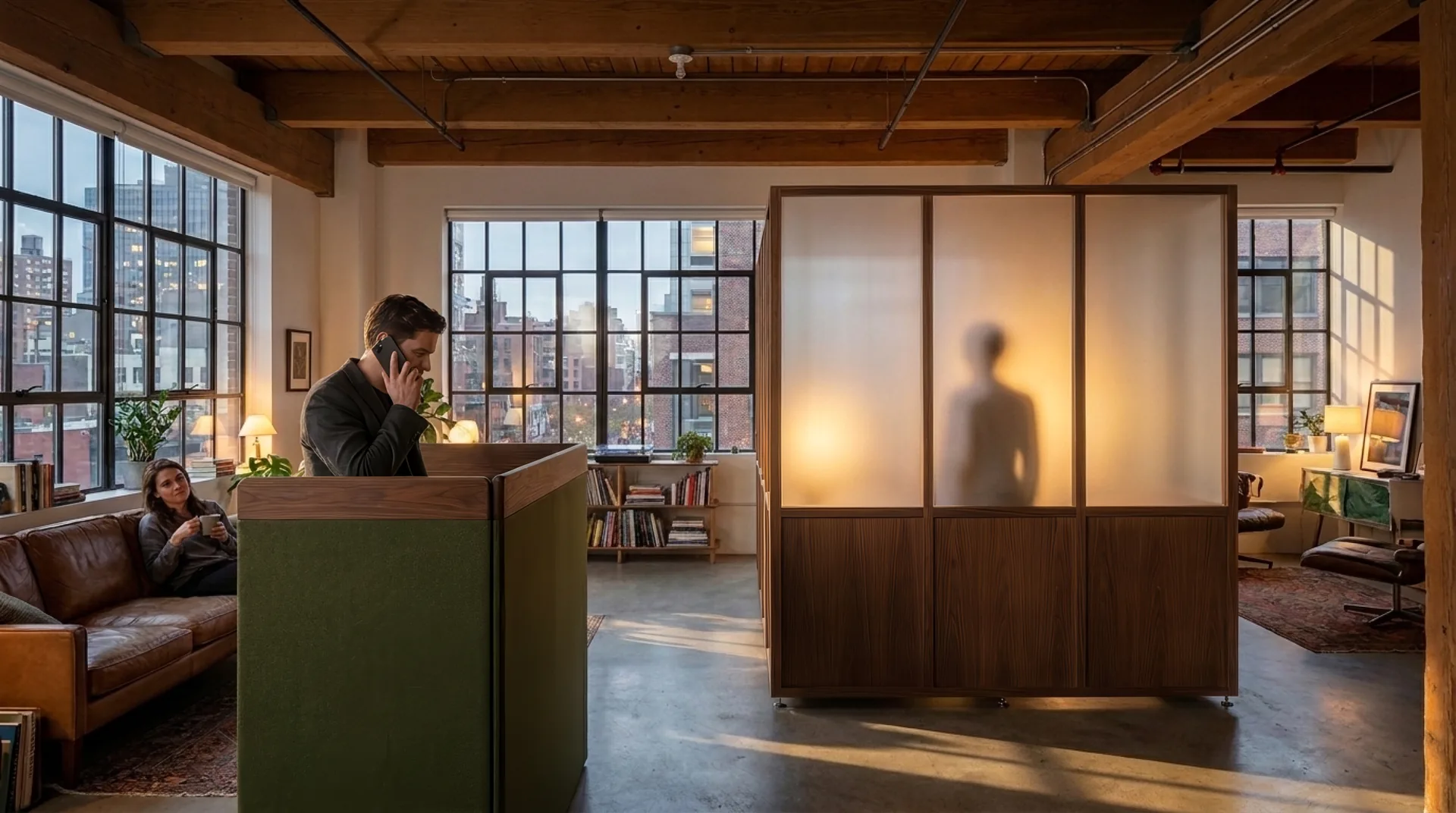 Two room dividers in one loft: a chest-height soft acoustic screen that leaves a standing man on a phone call fully visible, and a full-height freestanding partition that conceals a person completely while light still glows through its upper panels