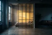 1W2R freestanding glass wall dividing a NYC bedroom