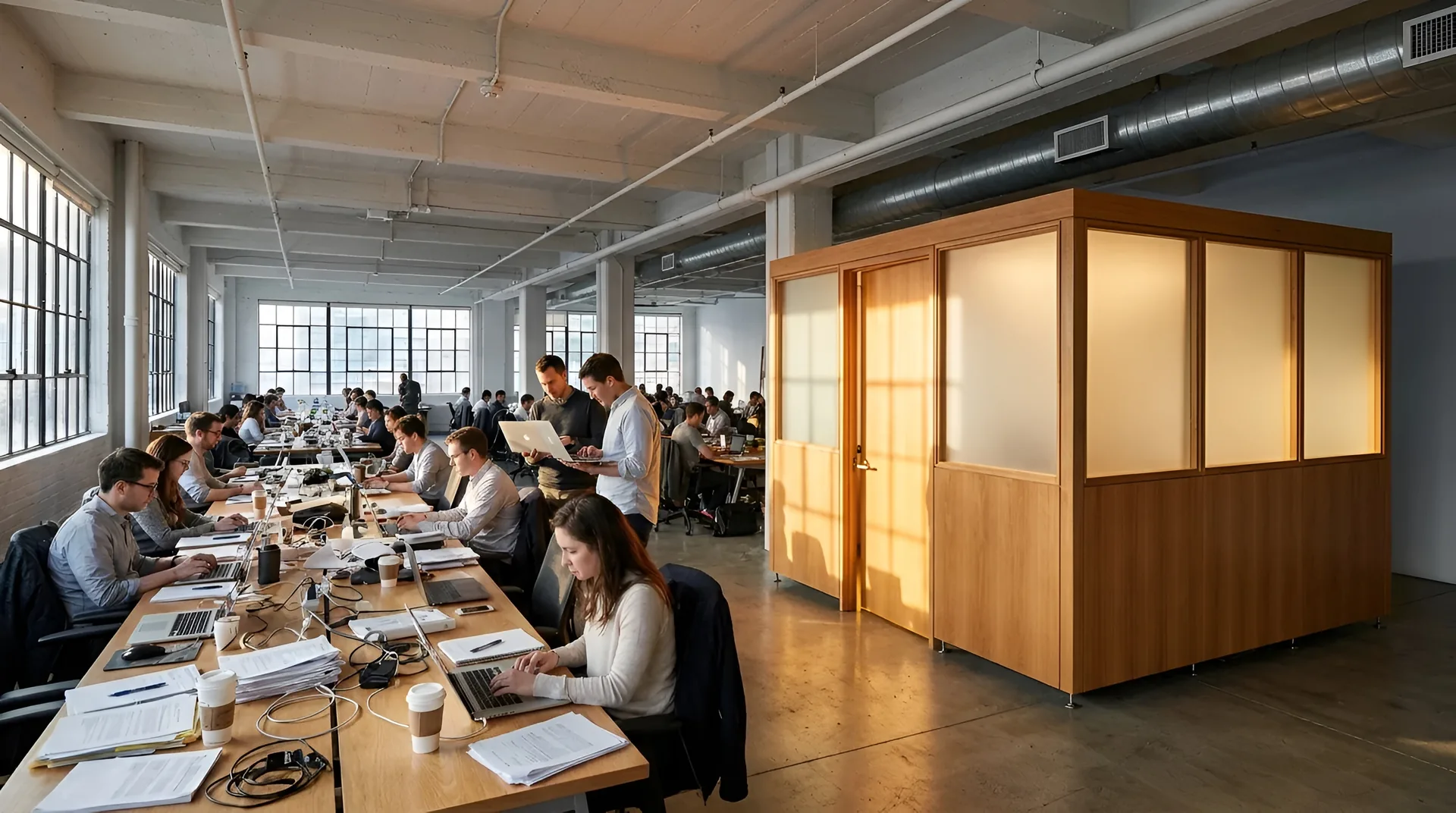 A freestanding full-height partition standing on the open floor of a crowded Manhattan loft office, forming a private room with a real door while daylight glows through its upper panels and the building’s ceiling runs unbroken above it