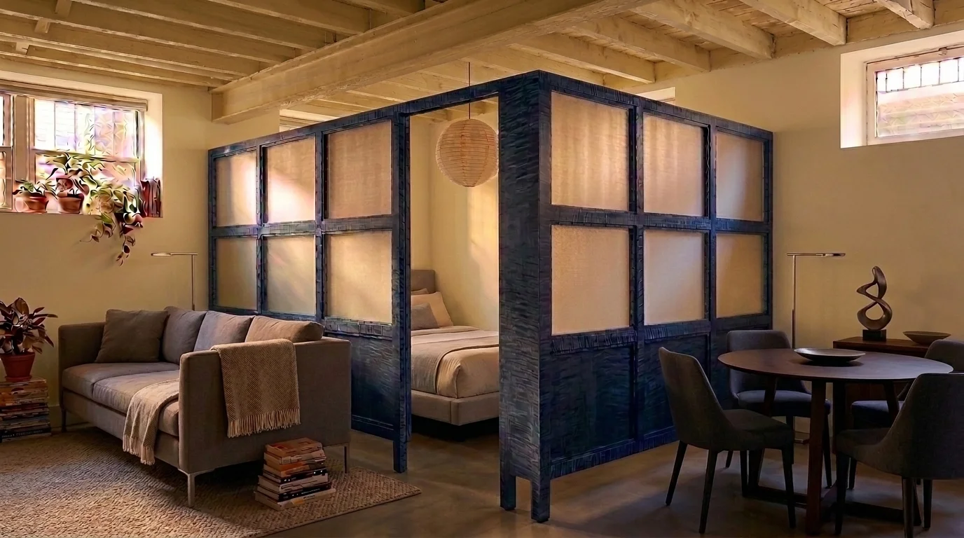 Basement divider — freestanding blue-framed room divider enclosing a private bedroom in a finished basement