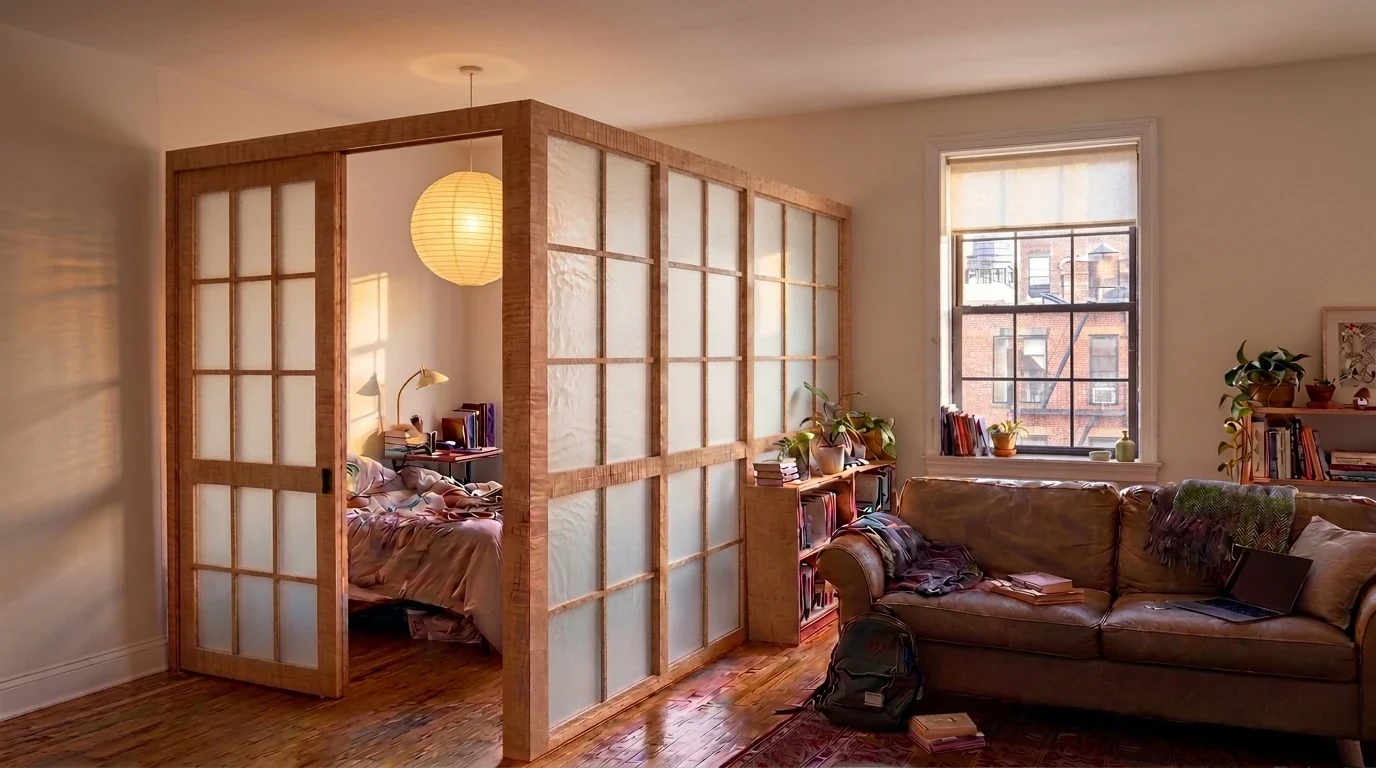 A full-height wood-framed room divider with a sliding door stands in a New York apartment, separating a bedroom from the living room while daylight passes through its translucent panels