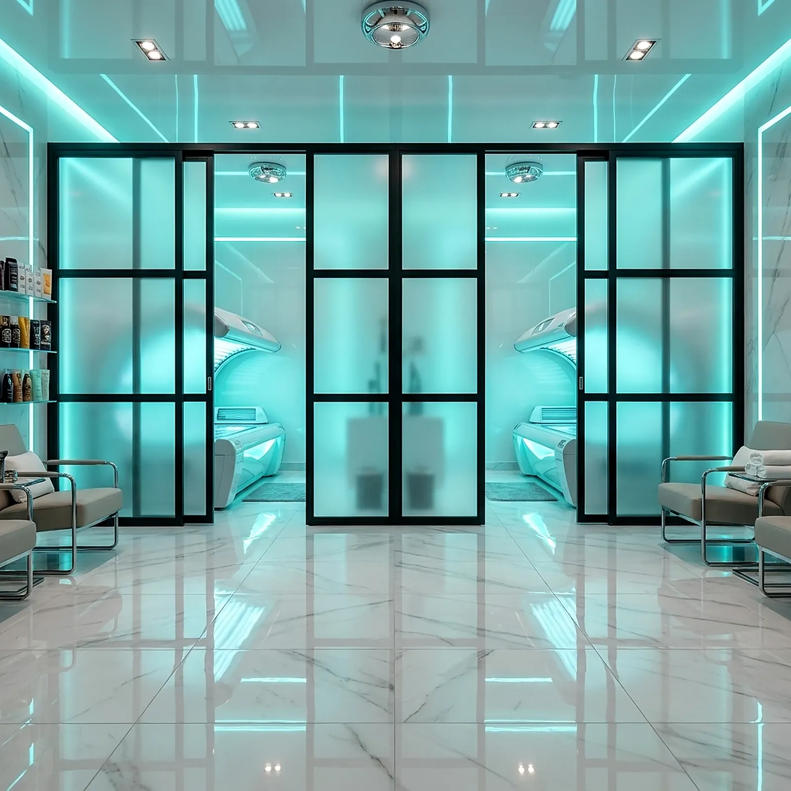 Tanning rooms separated by frosted freestanding privacy panels NYC