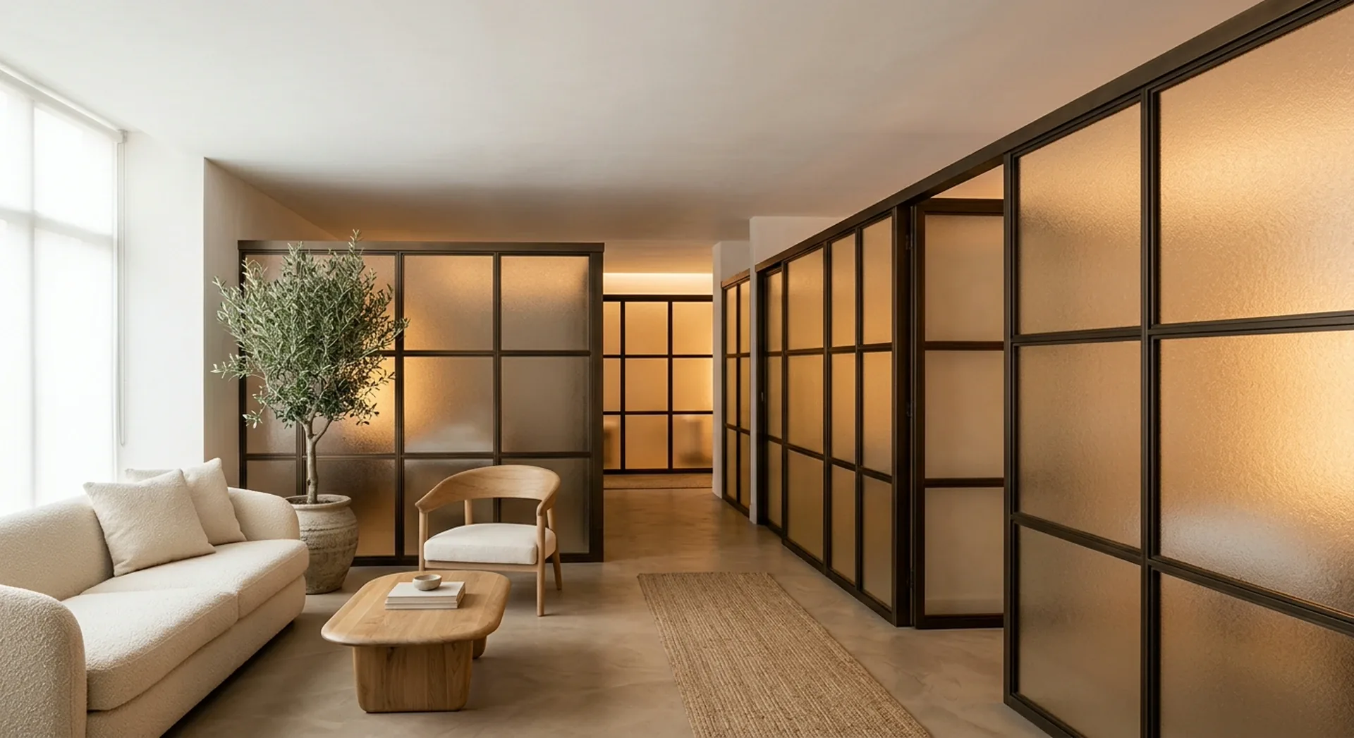 Freestanding room divider turning a massage studio waiting area into private treatment rooms — full-height panels glowing with warm light from the rooms behind