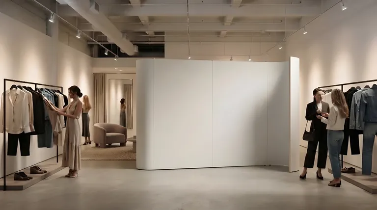 The S-Wall in an apparel store: an 8-ft curved white display wall dividing the sales floor between clothing racks and the fitting lounge