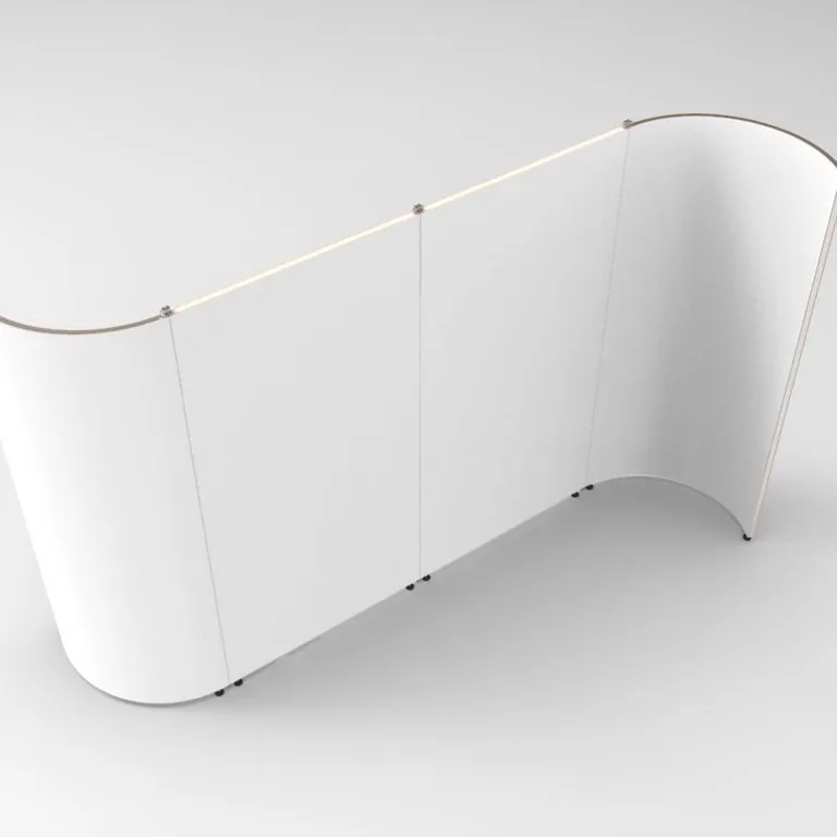Front face of the S-Wall: two straight white panels between two curved end panels