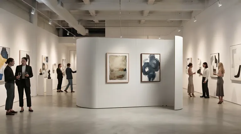 The S-Wall at a gallery show: framed abstract paintings hung on the curved freestanding wall while guests talk in the gallery