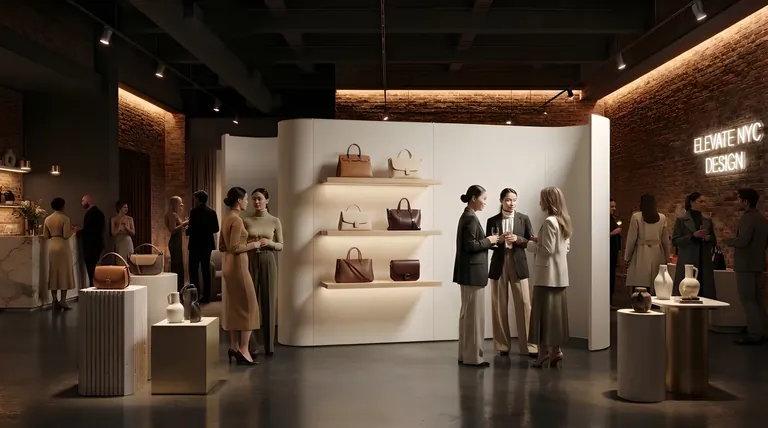 The S-Wall at a pop-up show: lit shelves of leather handbags on the curved display wall in a brick-walled event space