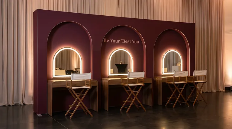 Burgundy freestanding backdrop wall with three arched alcoves, each holding a lit arched mirror above a wood vanity with a director’s chair