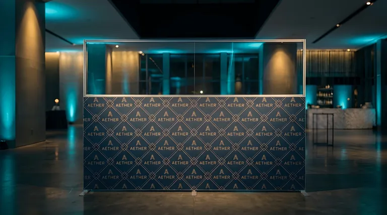 Freestanding backdrop wall with a printed logo graphic on the lower half and a clear panel across the top, standing in a dimly lit event venue
